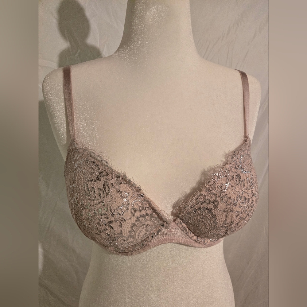 Victoria's Secret Lace Push Up Underwire Bra in Blush Pink And Silver Accents.